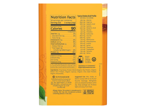 Back of Sunwarrior unflavoured protein powder showing organic certification.