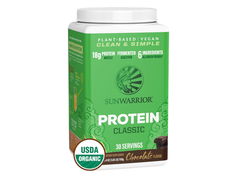 Sunwarrior Organic Brown Rice Protein Powder tub, chocolate flavour 750g