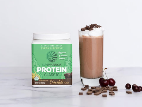 Chocolate rice protein powder being blended into a shake.