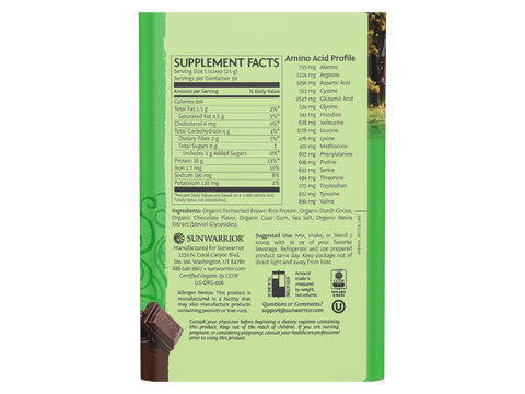 Back of Sunwarrior chocolate rice protein powder showing ingredients.