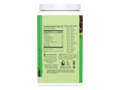 ack of Sunwarrior brown rice protein powder showing ingredient list.