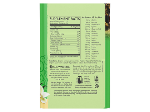 Supplement Facts: Ingredients and nutrition info for Sunwarrior Vanilla Brown Rice Protein