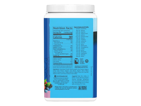 Back of Sunwarrior berry protein powder showing certifications.