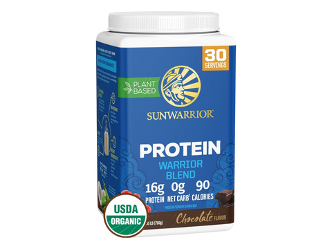 Sunwarrior Plant-Based Protein Powder tub, chocolate flavour 750g.