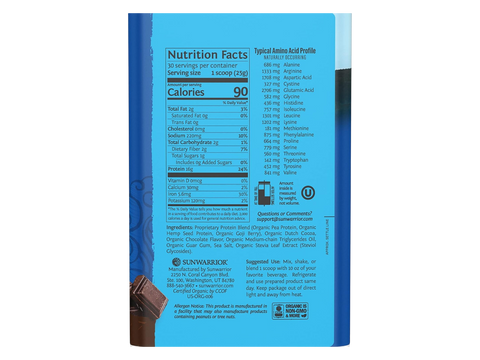 Back of Sunwarrior protein powder tub showing organic certifications.