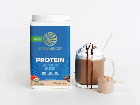 Mocha protein powder being mixed into a morning coffee or shake.