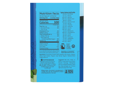 Back of Sunwarrior unflavoured protein powder showing ingredient list.