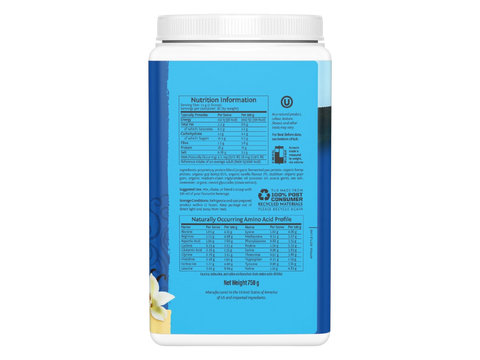 Back of Sunwarrior vanilla protein powder showing ingredient list.