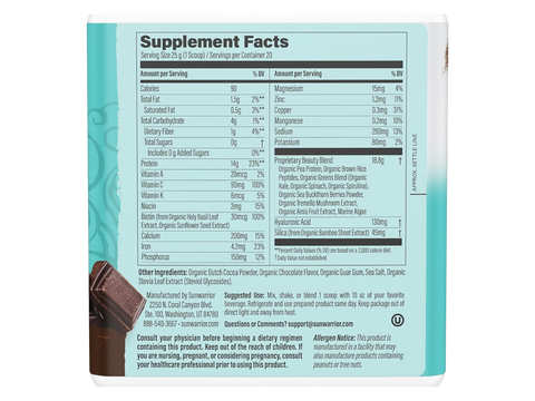 Supplement facts for Sunwarrior Plant-Based Beauty Protein - Chocolate Fudge