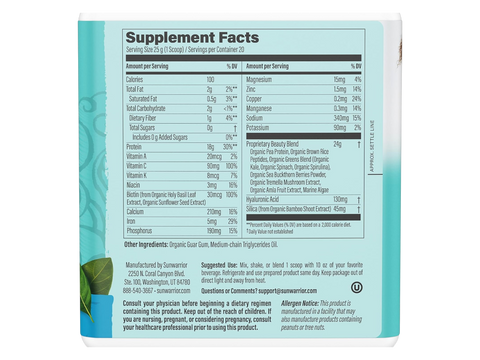 Supplement facts for Sunwarrior Plant-Based Beauty Protein - Unflavoured