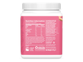 Nutrition information label on a pink supplement container with a white lid.