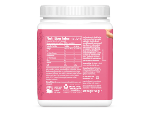 Nutrition information label on a pink supplement container with a white lid.