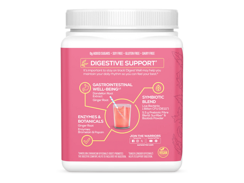 Supplement container with pink label on a white background