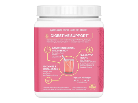 Supplement container with pink label on a white background