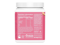 Nutrition information label on a pink supplement container with a white lid.