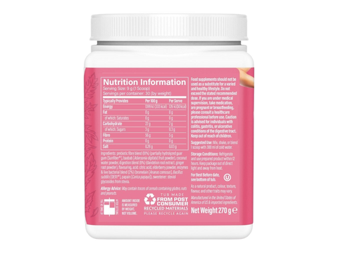 Nutrition information label on a pink supplement container with a white lid.