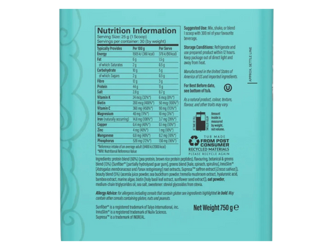 Supplement facts and ingredients list for Sunwarrior Shape Vanilla