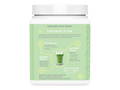 Green supplement jar with white lid on a white background