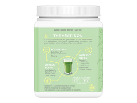 Green supplement jar with white lid on a white background