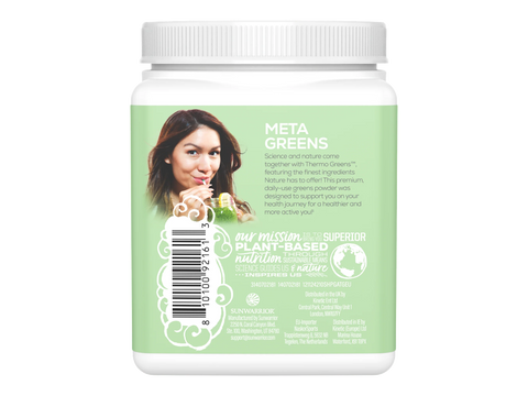 Container of Meta Greens with a woman's face on the label against a white background