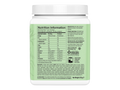 Nutrition information label on a green supplement container with a white lid.