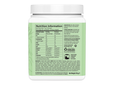 Nutrition information label on a green supplement container with a white lid.
