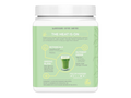 Green supplement jar with white lid on a white background