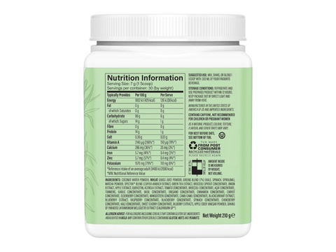 Nutrition label on a green supplement container with white lid