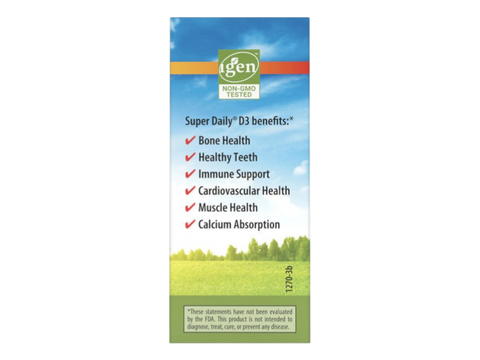 Carlson Super Daily D3 1,000 IU (25 mcg) side bottle packaging with key benefits detail