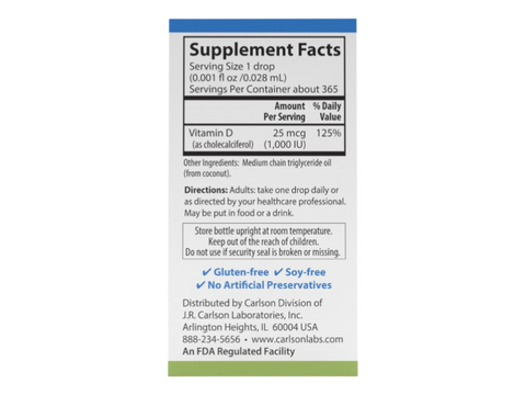 Carlson Super Daily D3 1,000 IU (25 mcg) supplement facts panel