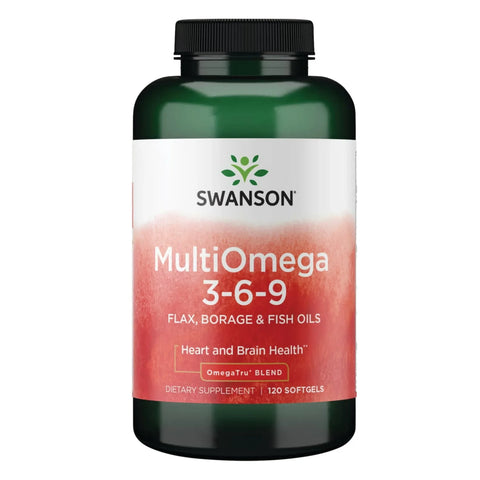 Swanson MultiOmega 3-6-9 Flax Fish & Borage Oil – 120 Softgels omega fatty acid dietary supplement bottle front label