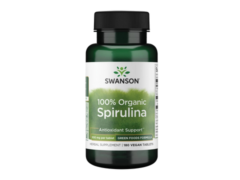 Swanson 100% Organic Spirulina – 180 Vegan Tablets organic spirulina dietary supplement bottle front label