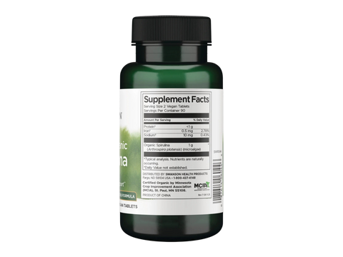 Swanson 100% Organic Spirulina – 180 Vegan Tablets Supplement Facts panel and product barcode on bottle label