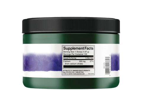 Swanson Calcium Citrate powder mineral supplement tub unflavoured dairy free 227g supplement facts ingredients & barcode panel