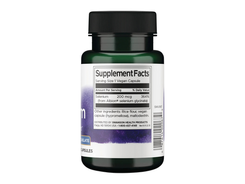 Swanson Albion Selenium Glycinate 200 mcg – 90 Vegan Capsules Supplement Facts panel and product barcode on bottle label