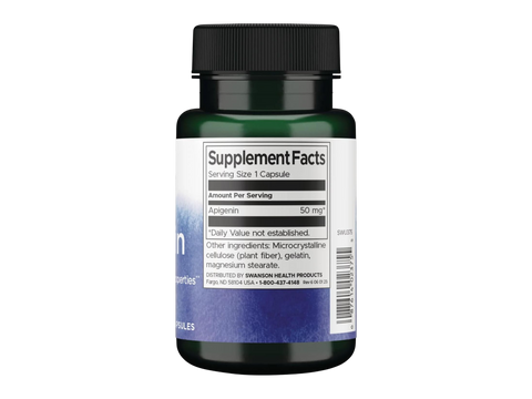 Swanson Apigenin 50 mg Bioflavonoid Capsules – 90 Count Supplement Facts panel and product barcode on bottle label