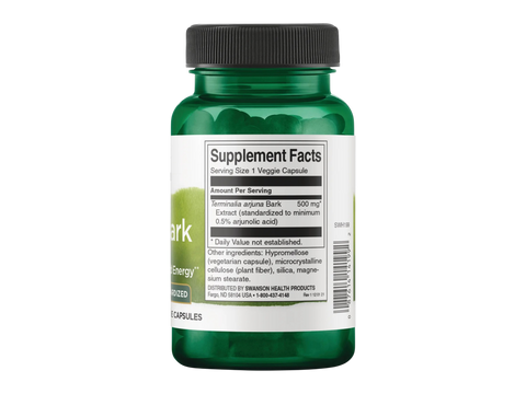 Swanson Arjuna Bark – 500 mg Standardized Extract – 60 Vegan Capsules Supplement Facts panel and product barcode on bottle label