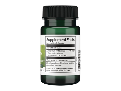 Swanson Arjuna Bark Extract – 40 mg Terminalia Arjuna – 60 Capsules Supplement Facts panel and product barcode on bottle label