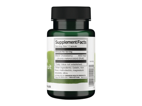 Swanson Aronia Black Chokeberry Fruit 400 mg Capsules – 60 Count Supplement Facts panel and product barcode on bottle label