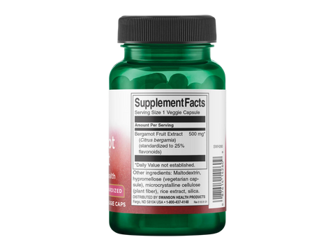 Swanson Bergamot Extract 500 mg Standardized Veggie Caps – 30 Count Supplement Facts panel and product barcode on bottle label