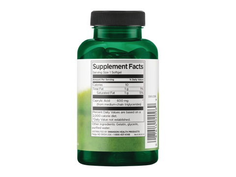 Swanson Caprylic Acid 600 mg Softgels – 60 Count Supplement Facts panel and product barcode on bottle label