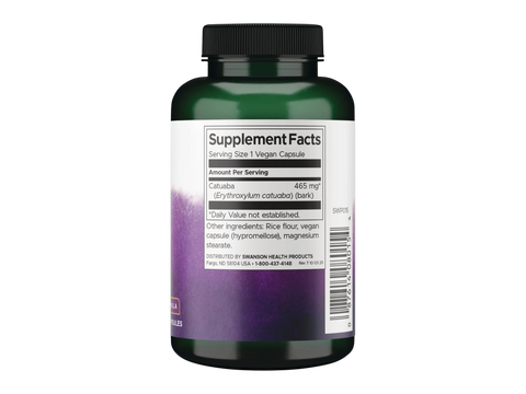 Swanson Catuaba Bark Supplement 465 mg – 120 Count Supplement Facts panel and product barcode on bottle label