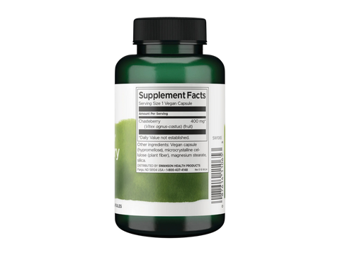 Swanson Chasteberry Supplement 400 mg – 120 Vegan Capsules Supplement Facts panel and product barcode on bottle label
