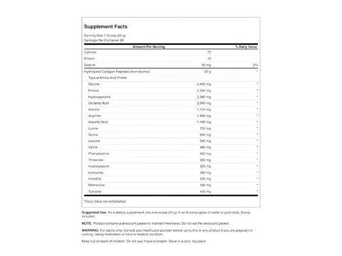 Swanson Collagen Peptides Powder Unflavored – 560g Supplement facts label for a product with detailed nutritional information.