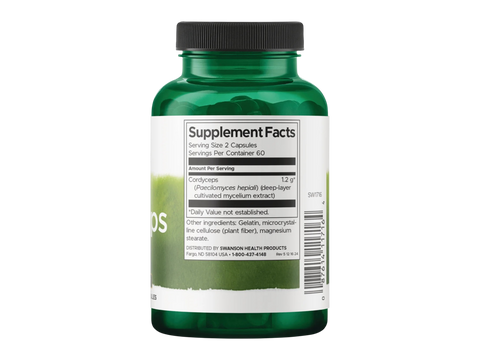 Swanson Cordyceps 600 mg Capsules – 120 Count Supplement Facts panel and product barcode on bottle label