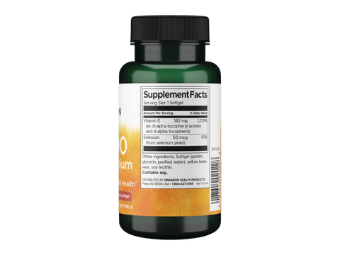 Swanson E-400 with Selenium 400 IU Vitamin E – 90 Softgels Supplement Facts panel and product barcode on bottle label