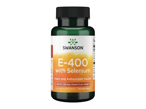 Swanson E-400 with Selenium 400 IU Vitamin E – 90 Softgels vitamin and mineral dietary supplement bottle front label