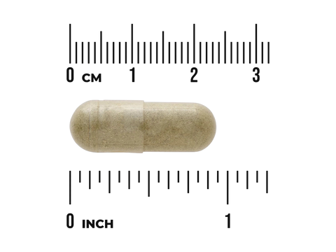 Beige capsule pill with a ruler for scale on a white background