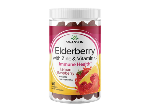 Swanson Elderberry with Zinc & Vitamin C supplement jar on a white background