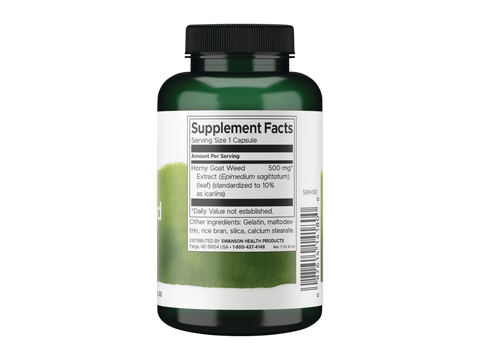 Swanson Epimedium Extract 500 mg Standardized Capsules – 120 Count Supplement Facts panel and product barcode on bottle label